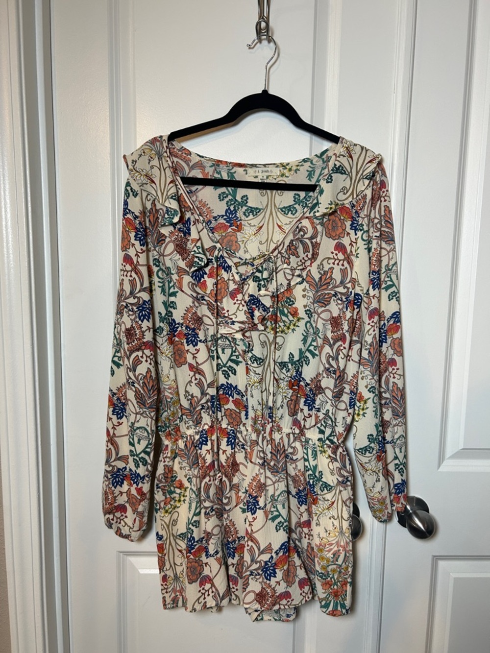 Women's Long-Sleeve Floral Tie-Neck Dress Romper - Cream Multi
